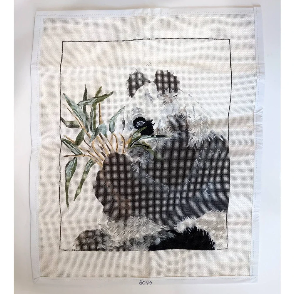 Vintage Hand Painted Needlepoint Canvas‎ Panda with Bamboo PARTIALLY COMPLETED